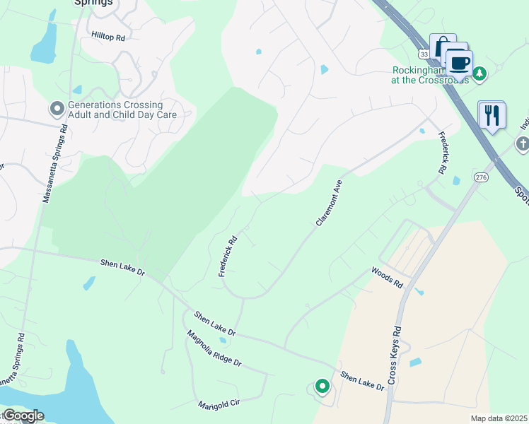 map of restaurants, bars, coffee shops, grocery stores, and more near 1115 Frederick Road in Harrisonburg
