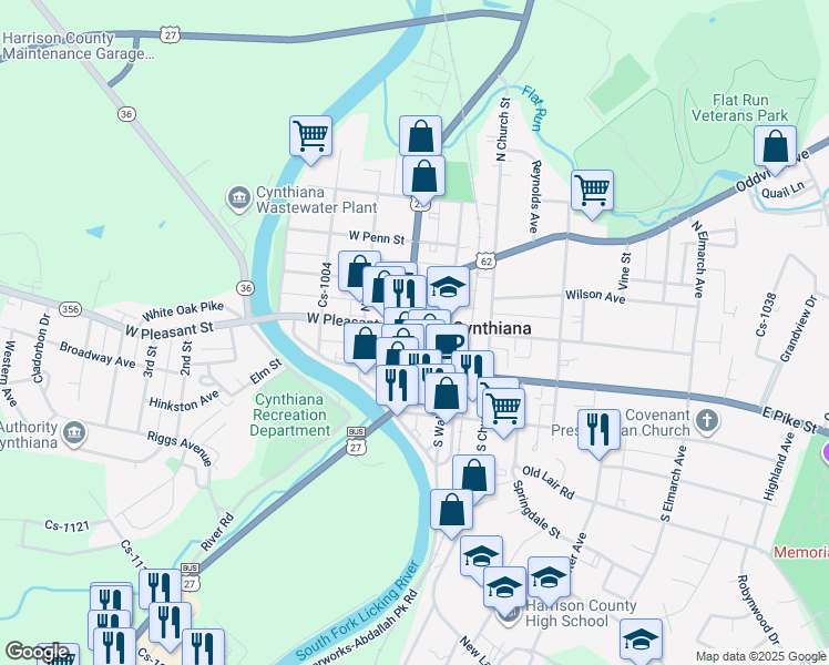 map of restaurants, bars, coffee shops, grocery stores, and more near 116 118 120 Main Street South in Cynthiana