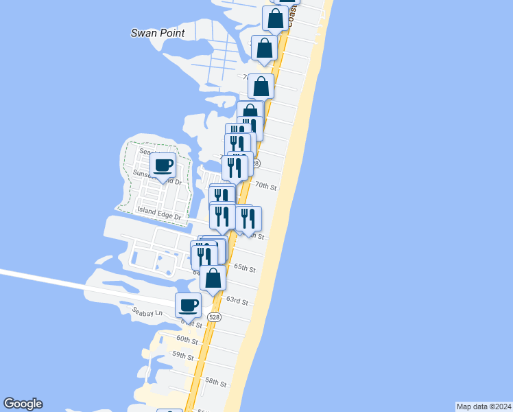 map of restaurants, bars, coffee shops, grocery stores, and more near 6600 Coastal Highway in Ocean City