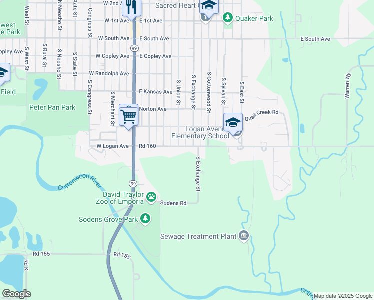 map of restaurants, bars, coffee shops, grocery stores, and more near 315 East Logan Avenue in Emporia