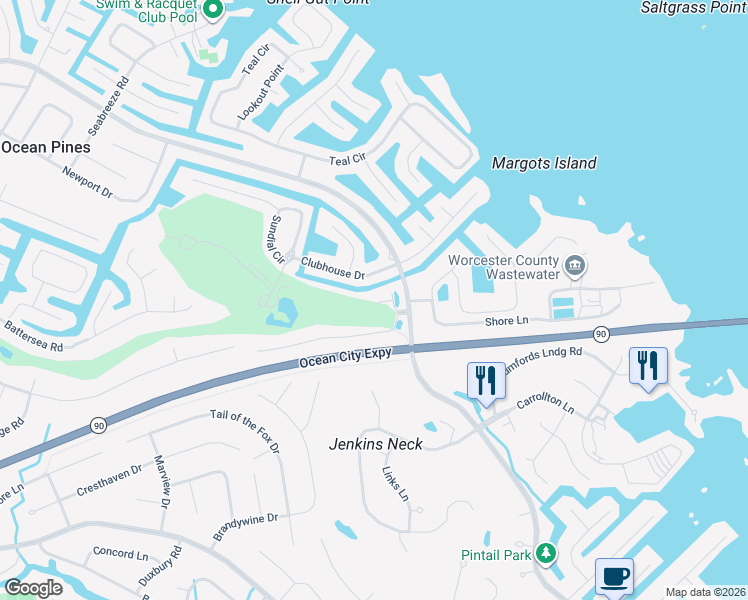 map of restaurants, bars, coffee shops, grocery stores, and more near 438 Ocean Parkway in Ocean Pines