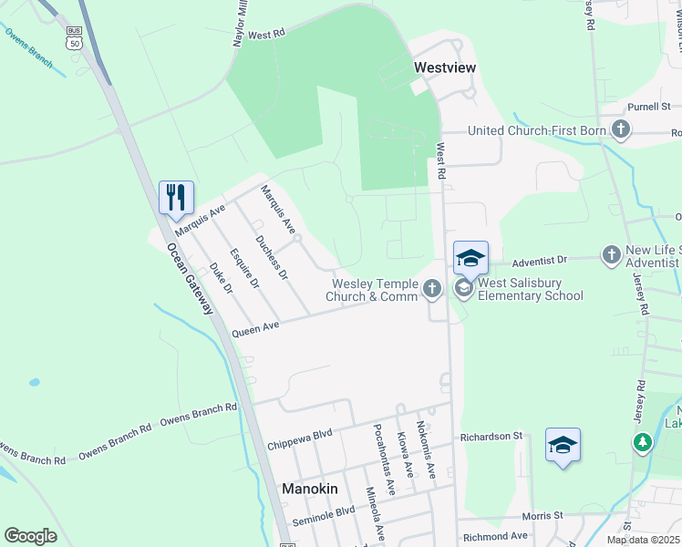 map of restaurants, bars, coffee shops, grocery stores, and more near 803 Sassafras Drive in Salisbury