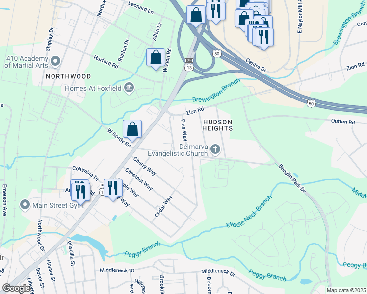 map of restaurants, bars, coffee shops, grocery stores, and more near 2306 Pine Way in Salisbury