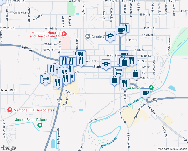 map of restaurants, bars, coffee shops, grocery stores, and more near 401 West 5th Street in Jasper