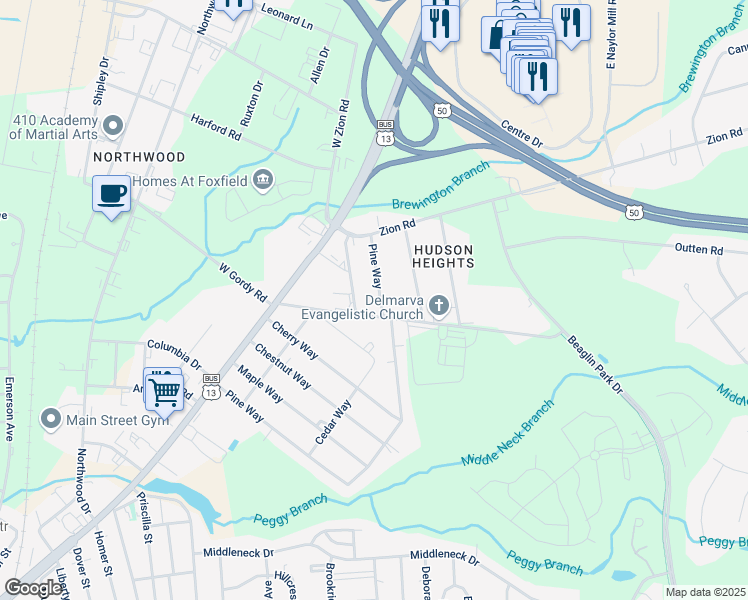 map of restaurants, bars, coffee shops, grocery stores, and more near 2306 Pine Way in Salisbury
