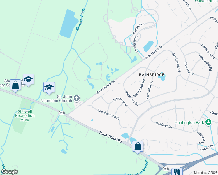 map of restaurants, bars, coffee shops, grocery stores, and more near 99 Bramblewood Drive in Ocean Pines