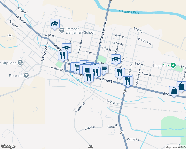 map of restaurants, bars, coffee shops, grocery stores, and more near 121 North Pikes Peak Avenue in Florence