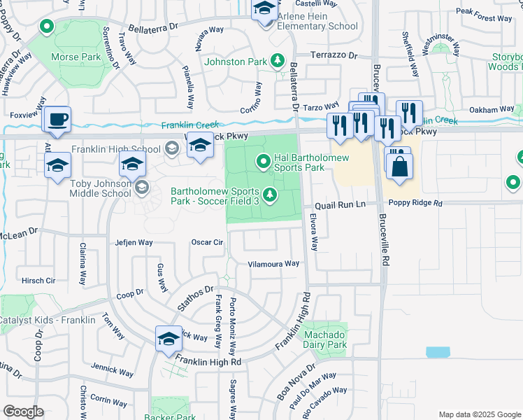 map of restaurants, bars, coffee shops, grocery stores, and more near 10150 Franklin High Road in Elk Grove
