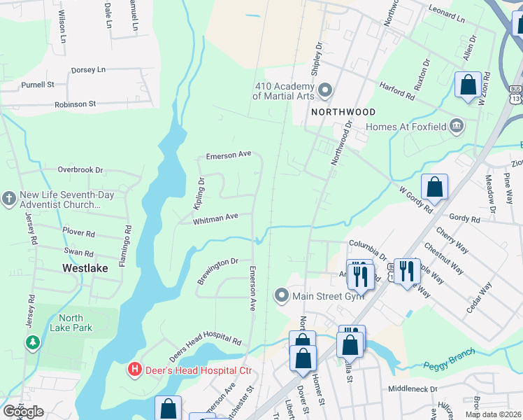 map of restaurants, bars, coffee shops, grocery stores, and more near 1711 Emerson Avenue in Salisbury