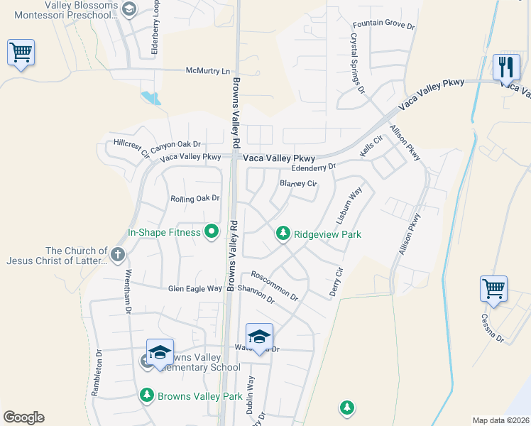 map of restaurants, bars, coffee shops, grocery stores, and more near 521 Wicklow Drive in Vacaville
