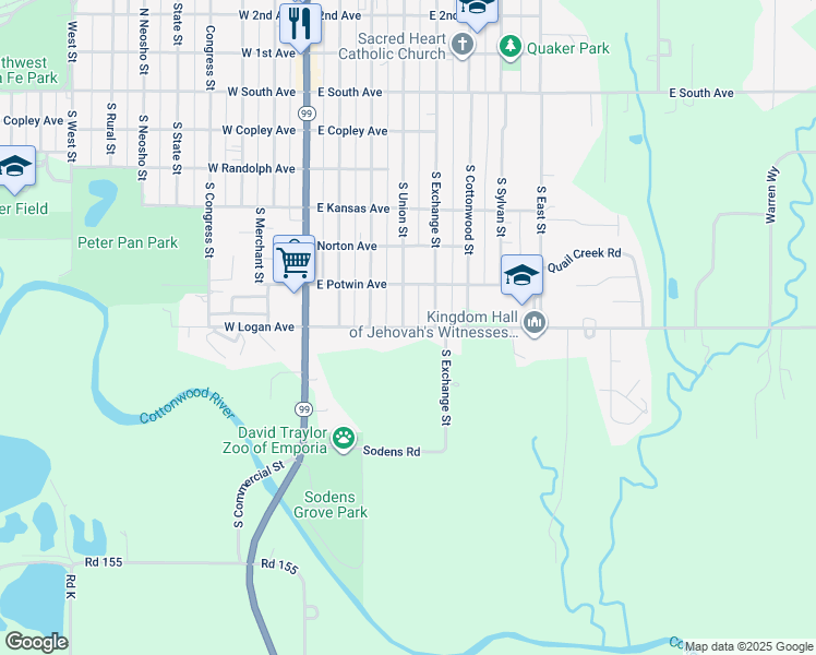 map of restaurants, bars, coffee shops, grocery stores, and more near 315 East Logan Avenue in Emporia