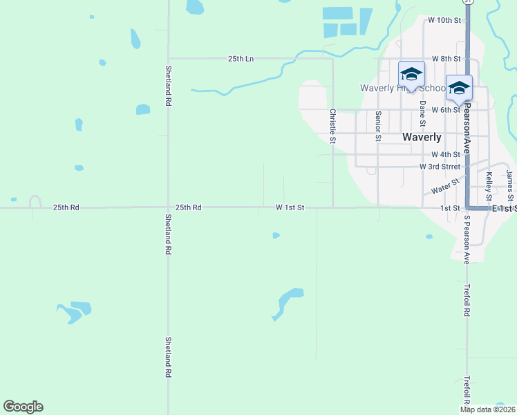 map of restaurants, bars, coffee shops, grocery stores, and more near 1948 25th Road in Waverly