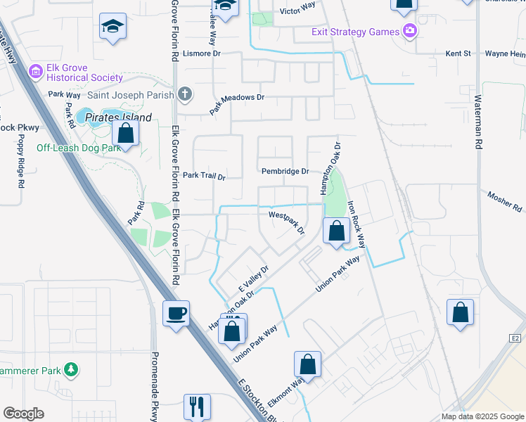 map of restaurants, bars, coffee shops, grocery stores, and more near 9005 Westpark Drive in Elk Grove