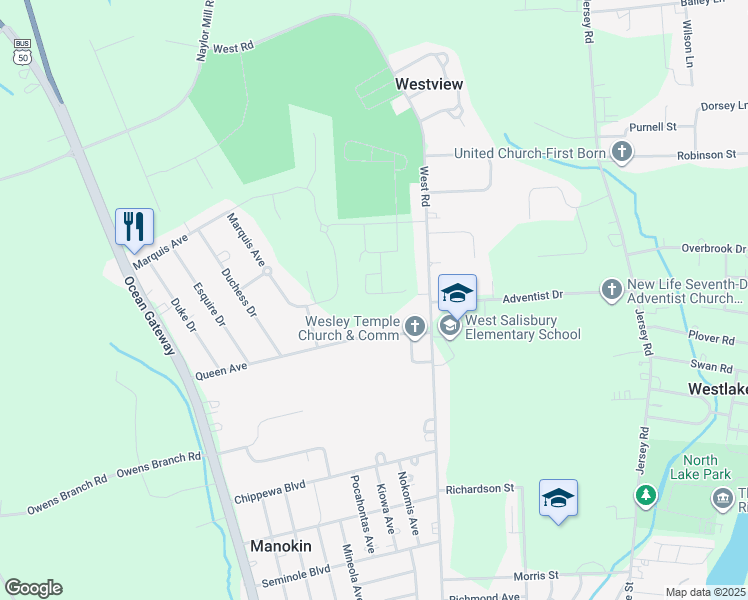 map of restaurants, bars, coffee shops, grocery stores, and more near 927 Queen Avenue in Salisbury