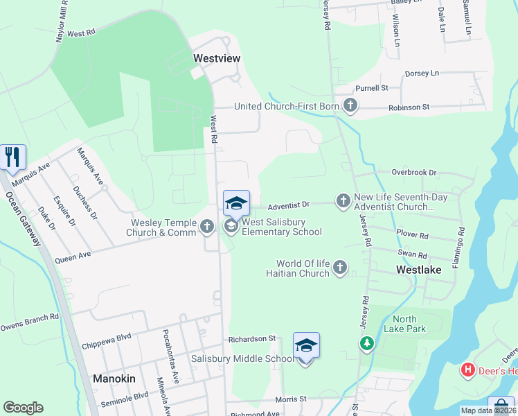 map of restaurants, bars, coffee shops, grocery stores, and more near 28956 Adventist Drive in Salisbury