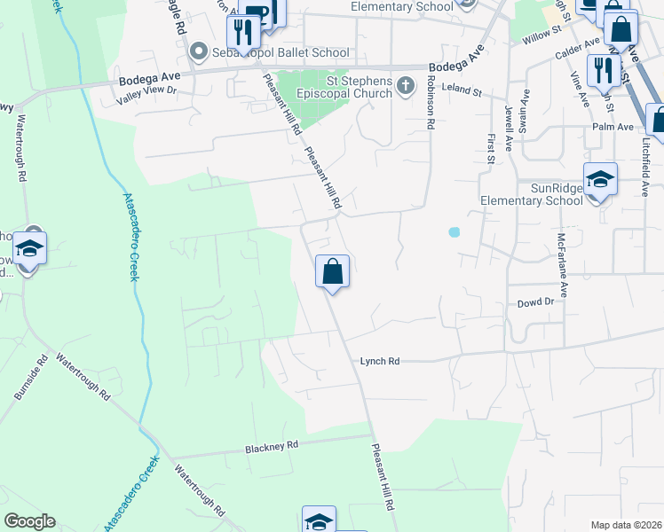 map of restaurants, bars, coffee shops, grocery stores, and more near 789 Pleasant Hill Road in Sebastopol