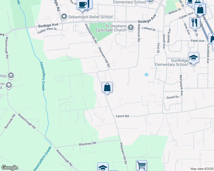 map of restaurants, bars, coffee shops, grocery stores, and more near 789 Pleasant Hill Road in Sebastopol