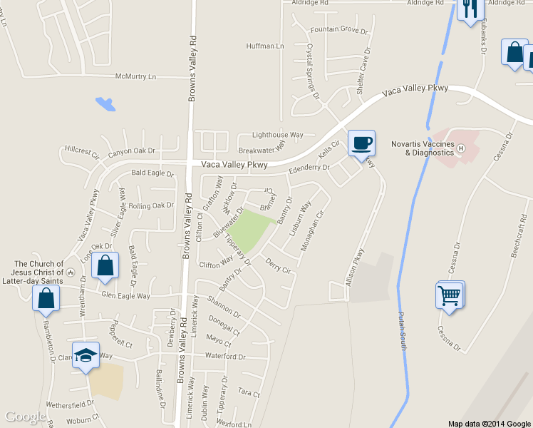 map of restaurants, bars, coffee shops, grocery stores, and more near 605 Blarney Circle in Vacaville