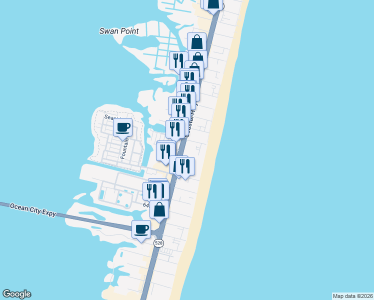 map of restaurants, bars, coffee shops, grocery stores, and more near 18 69th Street in Ocean City