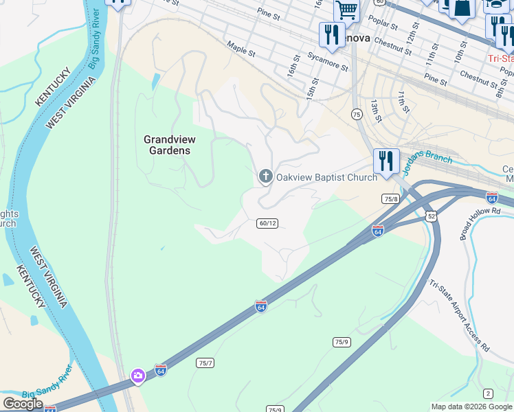 map of restaurants, bars, coffee shops, grocery stores, and more near 457 Barger Hill Road in Kenova