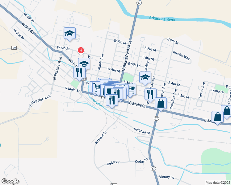 map of restaurants, bars, coffee shops, grocery stores, and more near 121 North Pikes Peak Avenue in Florence