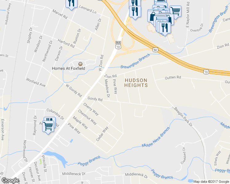 map of restaurants, bars, coffee shops, grocery stores, and more near 2306 Pine Way in Salisbury