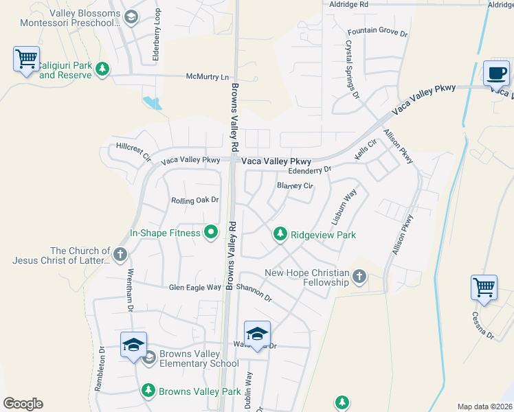 map of restaurants, bars, coffee shops, grocery stores, and more near 521 Wicklow Drive in Vacaville