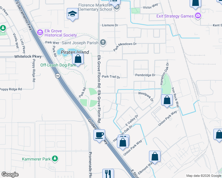 map of restaurants, bars, coffee shops, grocery stores, and more near 8936 Lake Grove Ct in Elk Grove