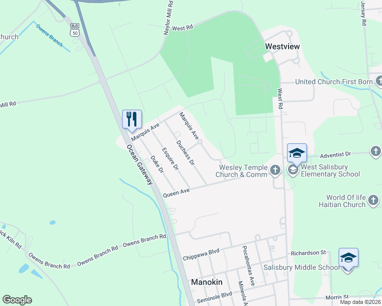 map of restaurants, bars, coffee shops, grocery stores, and more near 1515 Duchess Drive in Salisbury