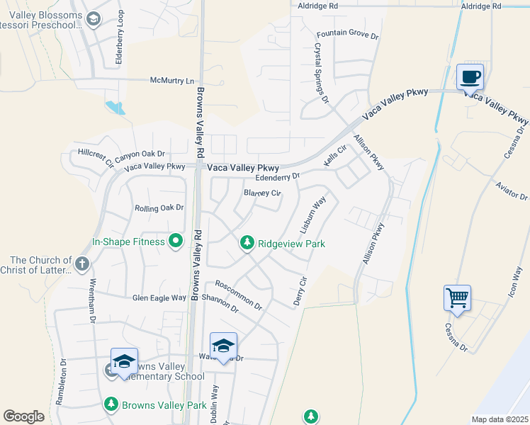 map of restaurants, bars, coffee shops, grocery stores, and more near 621 Blarney Circle in Vacaville