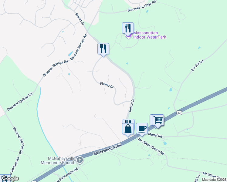 map of restaurants, bars, coffee shops, grocery stores, and more near 511 Flower Drive in McGaheysville