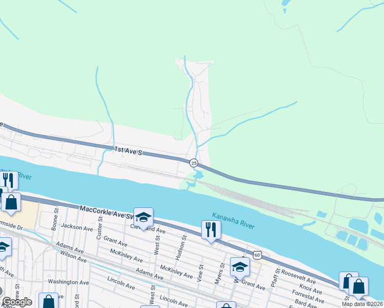 map of restaurants, bars, coffee shops, grocery stores, and more near 4 Willow Tree Ln in Nitro