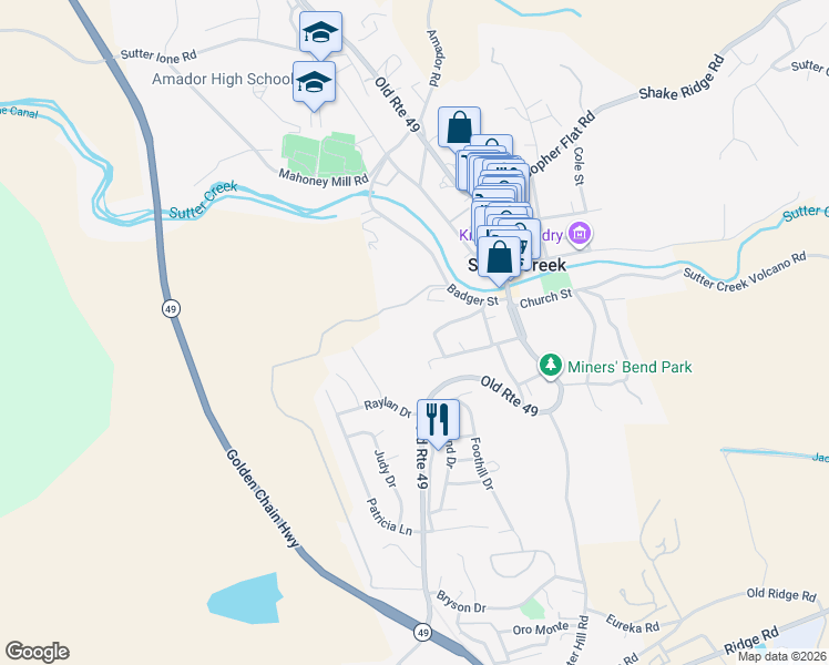 map of restaurants, bars, coffee shops, grocery stores, and more near 5 Allen Ranch Road in Sutter Creek