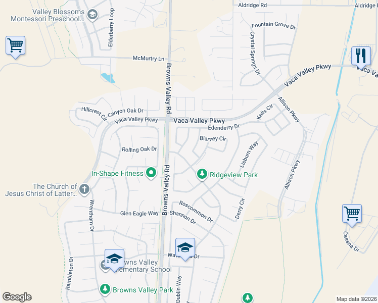 map of restaurants, bars, coffee shops, grocery stores, and more near 521 Wicklow Drive in Vacaville