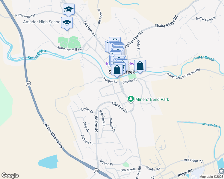 map of restaurants, bars, coffee shops, grocery stores, and more near 45 Elm Street in Sutter Creek