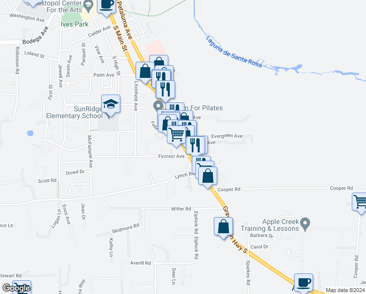 map of restaurants, bars, coffee shops, grocery stores, and more near 990 Gravenstein Highway South in Sebastopol