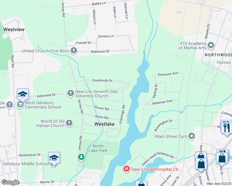map of restaurants, bars, coffee shops, grocery stores, and more near 1400 Flamingo Road in Salisbury