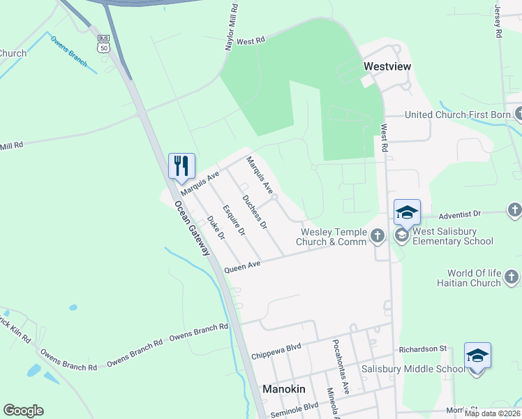 map of restaurants, bars, coffee shops, grocery stores, and more near 1515 Duchess Drive in Salisbury