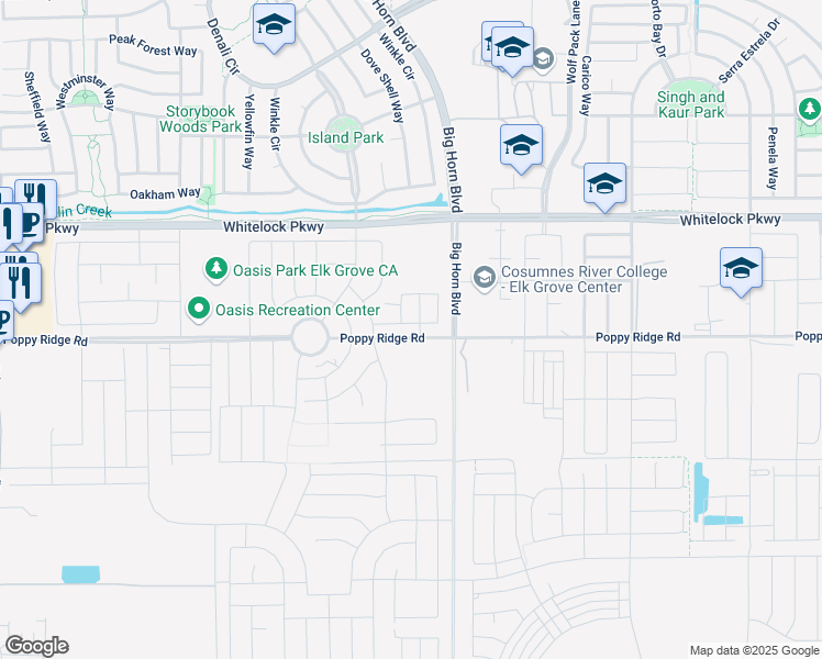 map of restaurants, bars, coffee shops, grocery stores, and more near 8243 Poppy Ridge Road in Elk Grove