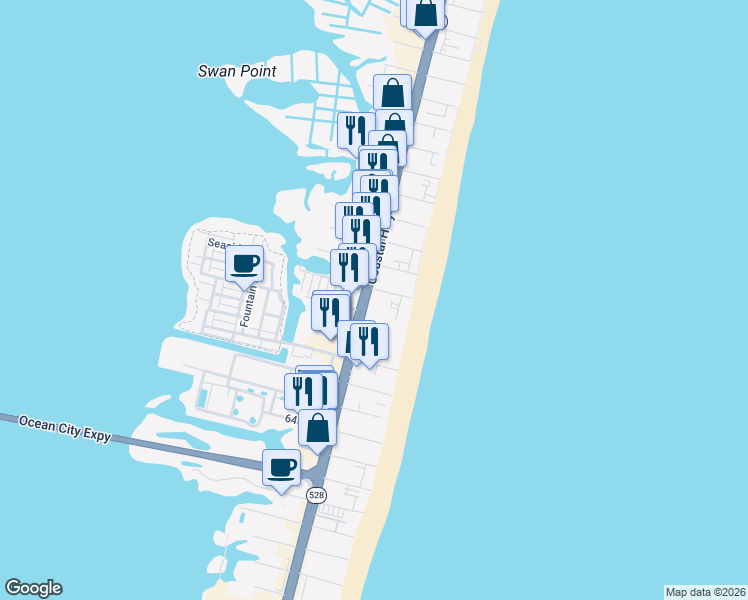 map of restaurants, bars, coffee shops, grocery stores, and more near 17 70th Street in Ocean City