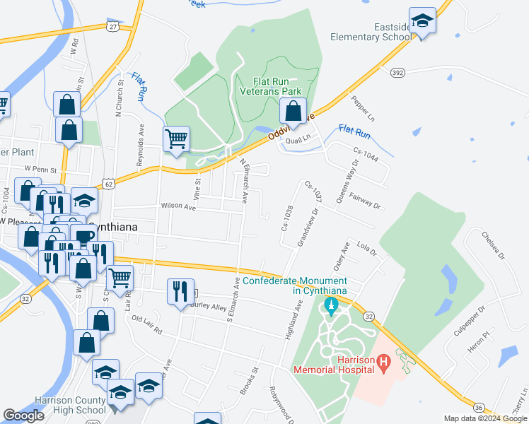 map of restaurants, bars, coffee shops, grocery stores, and more near 212 Hillside Drive in Cynthiana