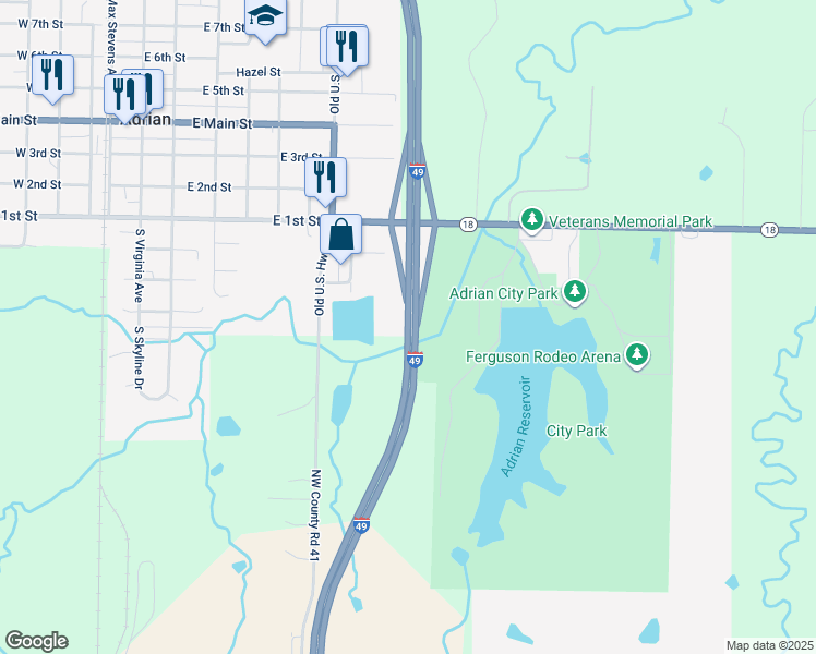 map of restaurants, bars, coffee shops, grocery stores, and more near U. S. Highway 71 in Adrian