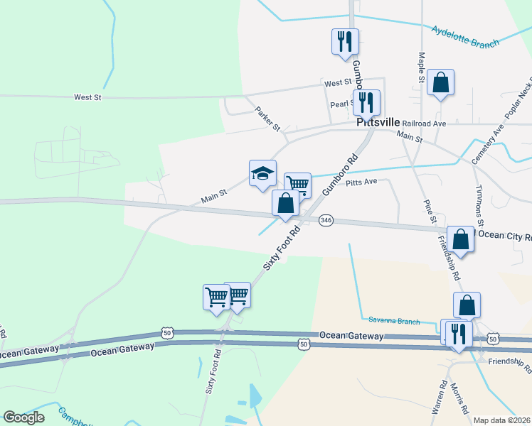 map of restaurants, bars, coffee shops, grocery stores, and more near 34435 West Ocean City Road in Pittsville
