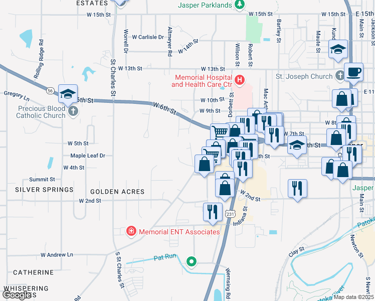 map of restaurants, bars, coffee shops, grocery stores, and more near 479 South Carroll Street in Jasper