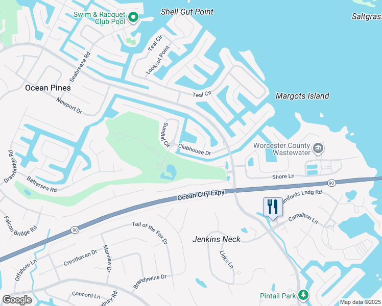 map of restaurants, bars, coffee shops, grocery stores, and more near 77 Clubhouse Drive in Ocean Pines