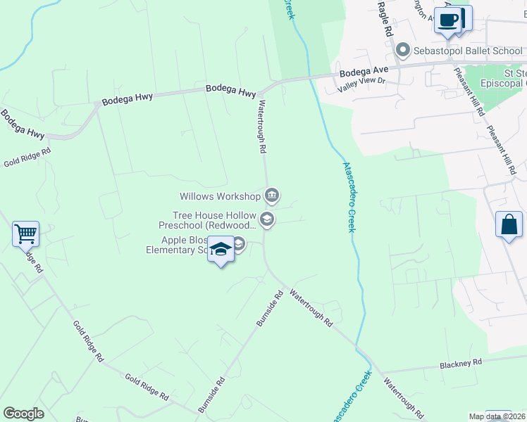 map of restaurants, bars, coffee shops, grocery stores, and more near 487 Watertrough Road in Sebastopol