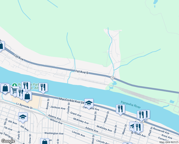 map of restaurants, bars, coffee shops, grocery stores, and more near 1121 Old County Road in Nitro