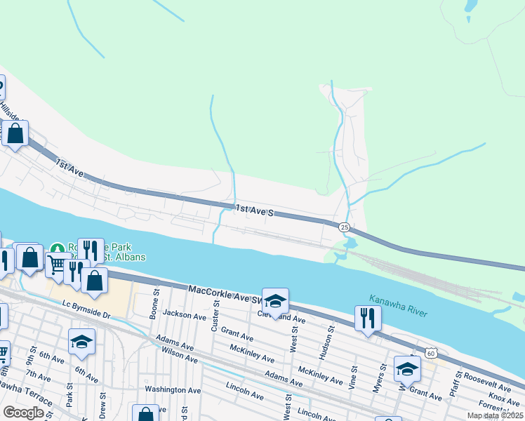 map of restaurants, bars, coffee shops, grocery stores, and more near 1154 1st Ave S in Nitro