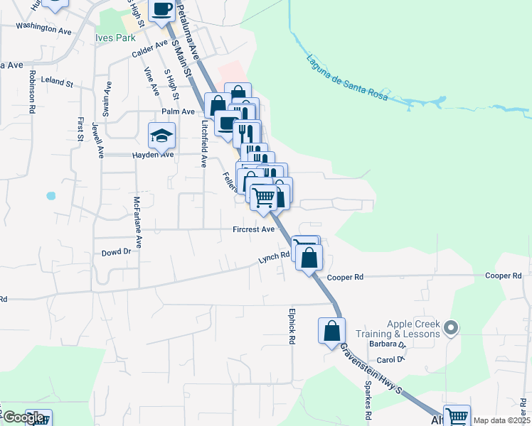 map of restaurants, bars, coffee shops, grocery stores, and more near 990 Gravenstein Highway South in Sebastopol