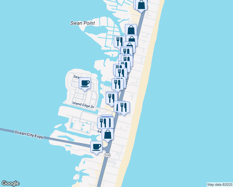 map of restaurants, bars, coffee shops, grocery stores, and more near 106 69th Street in Ocean City
